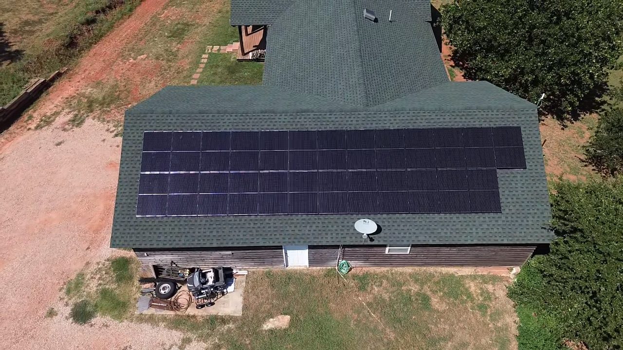 Drone view of a residential solar install in Oklahoma